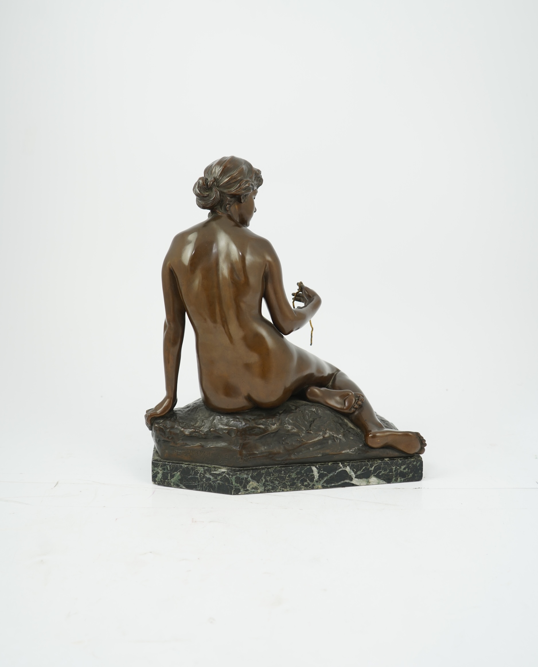 After Arnold Katsch (German, b.1861), an Art Nouveau bronze figure of Psyche, with foundry mark to reverse ‘Gladenbeks Bronceciesserei’, on serpentine marble base, missing butterfly from hand, 34cm